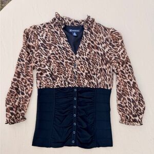Vintage Silk Leopard Corset-Style Ruched Waist Top